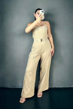 Going Places Cargo Jumpsuit - Camel