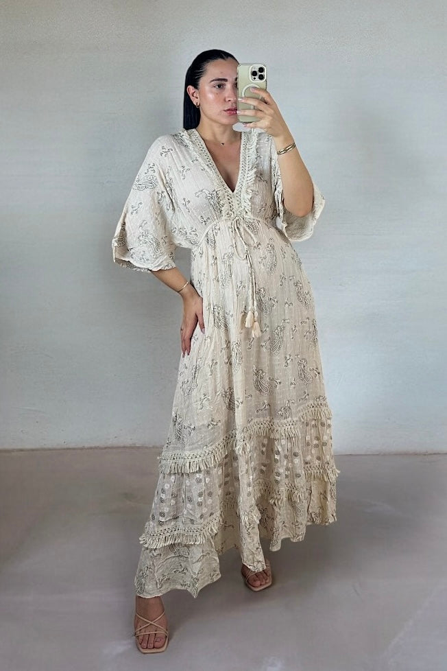 magdalena maxi dress Juan de Dios | Magdalena Satin Silk Maxi Dress | Sage Gladiolos Garden