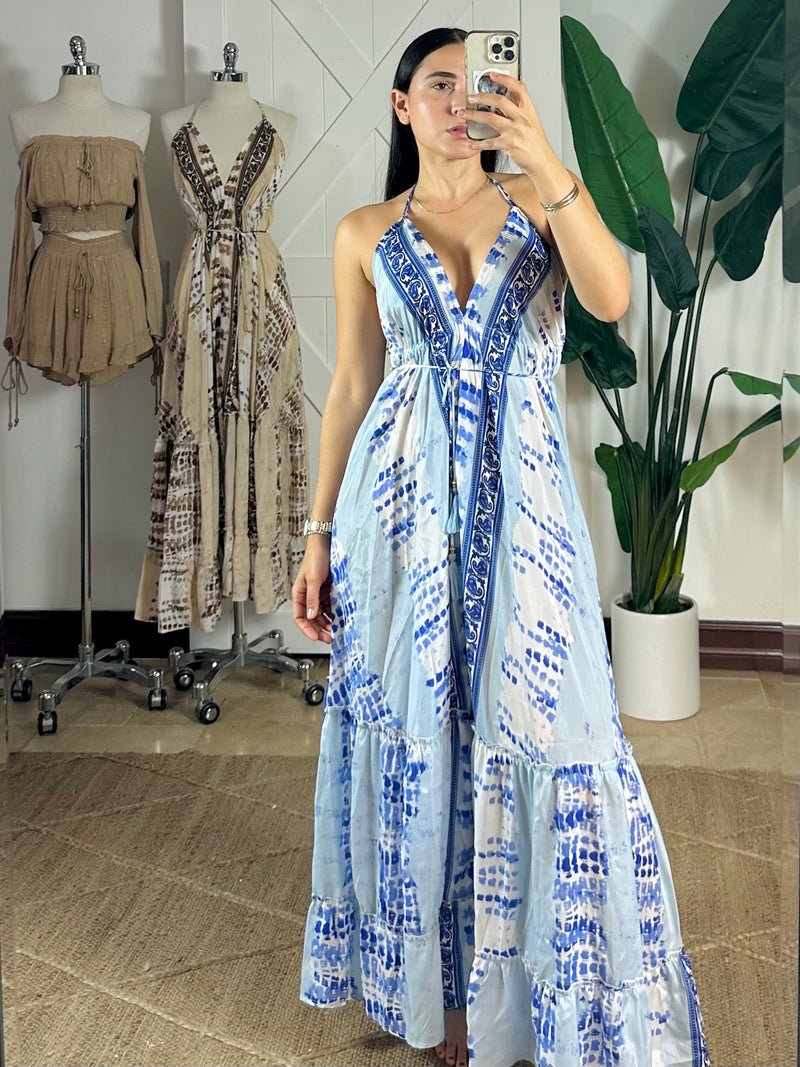 Alice Tiered Maxi Dress -  Blue/White